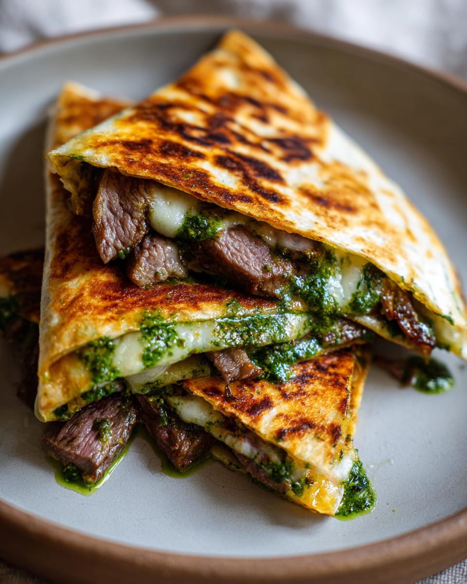Close-up of a Flavorful Chimichurri Steak Quesadilla cut into wedges, showing melted cheese and steak.