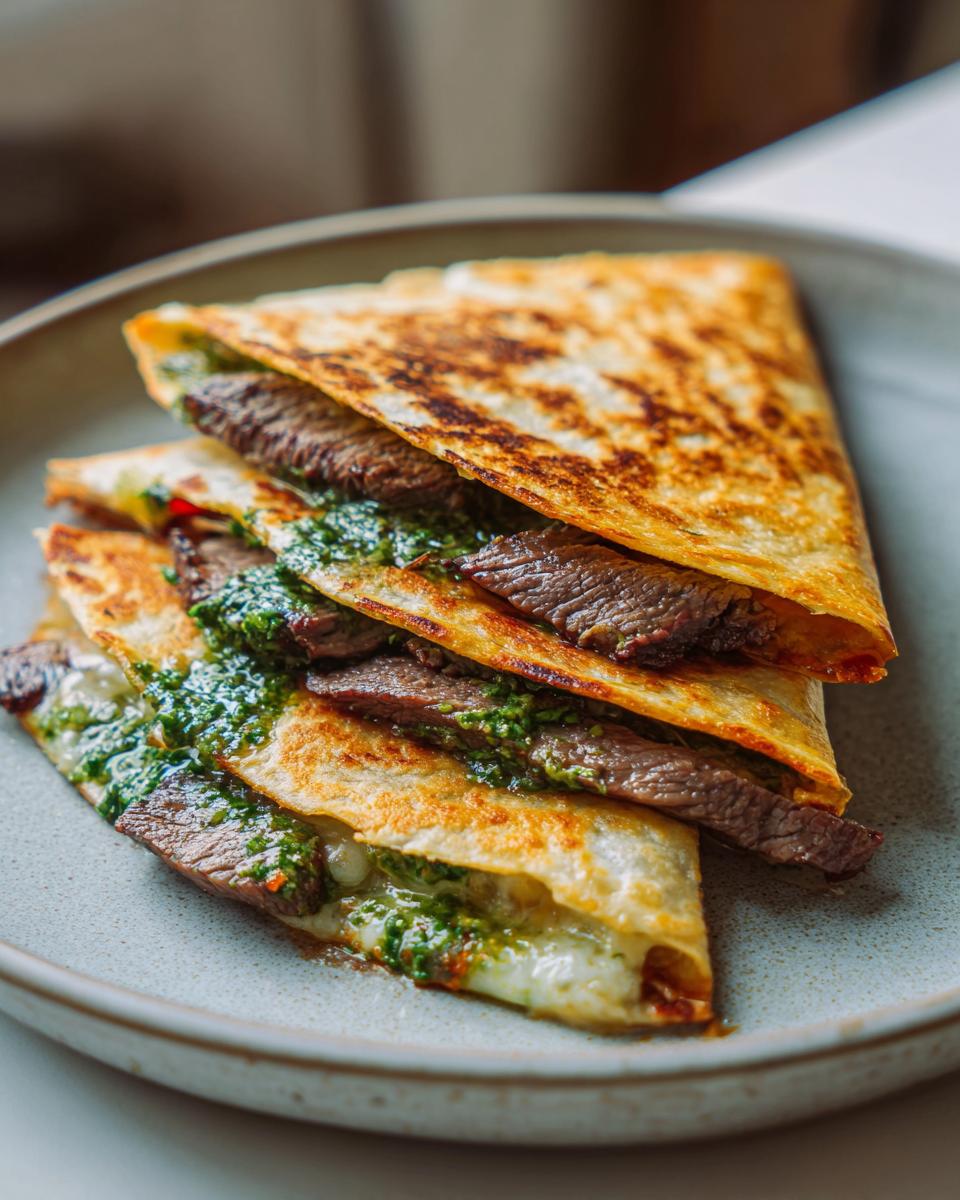 Close-up of a flavorful chimichurri steak quesadilla, stacked and drizzled with vibrant green sauce.