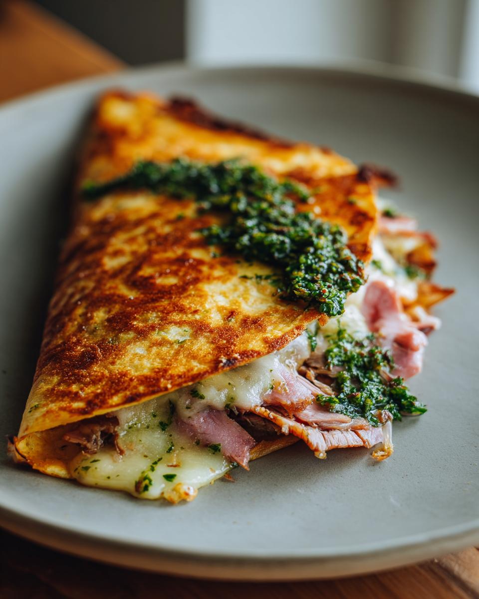 Close-up of a Flavorful Chimichurri Steak Quesadilla, showing melted cheese, steak, and green chimichurri sauce.