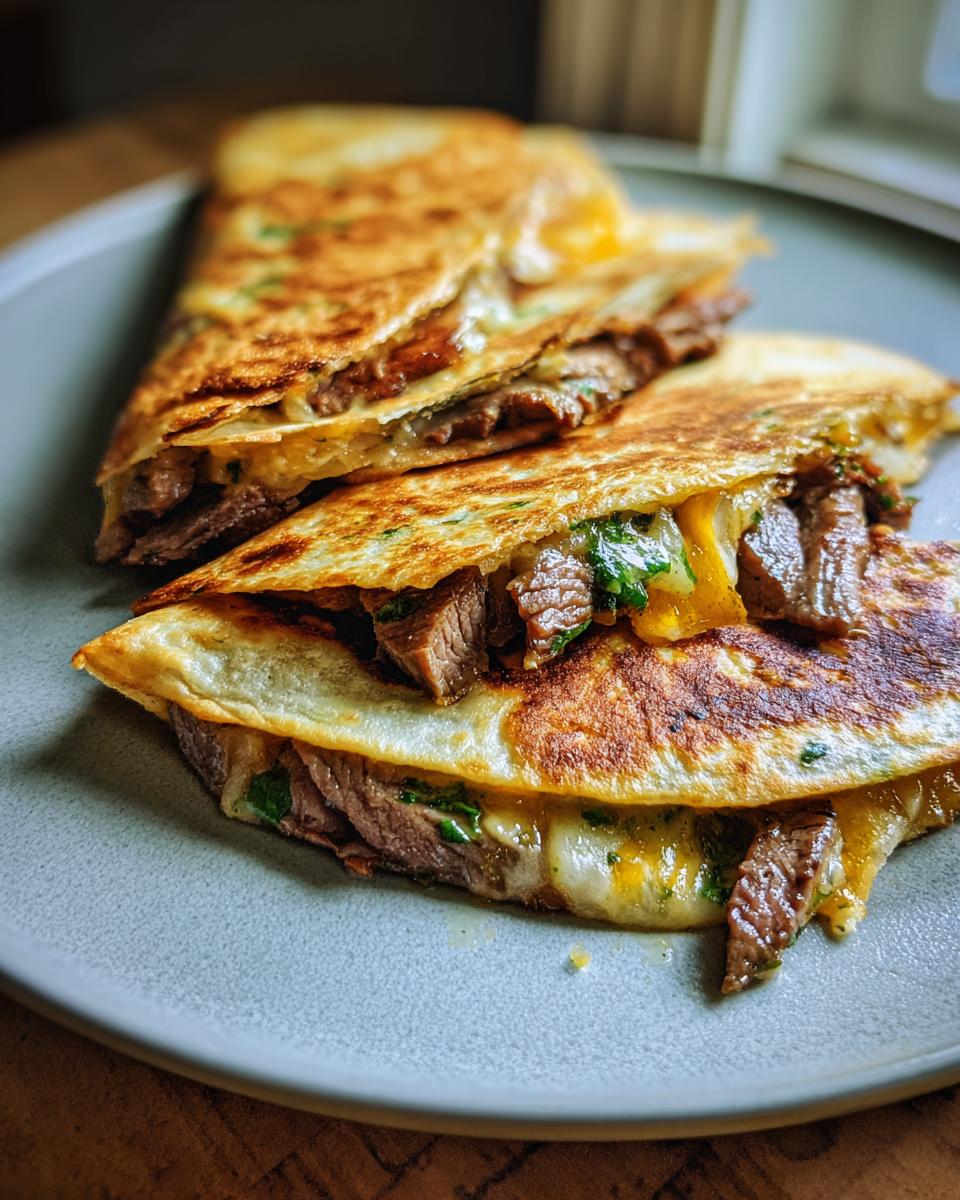 Close-up of two slices of a Flavorful Chimichurri Steak Quesadilla, showing grilled steak, melted cheese, and herbs.