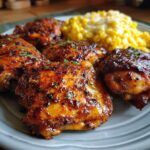 Close-up of flavorful chipotle BBQ chicken thighs served with creamy corn on a plate.