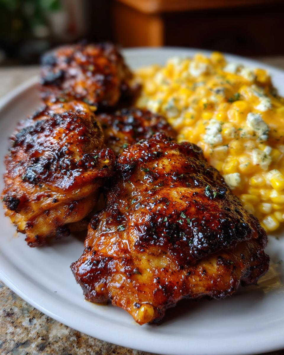 Close-up of juicy, glazed Flavorful Chipotle BBQ Chicken thighs served with creamy, cheesy corn.