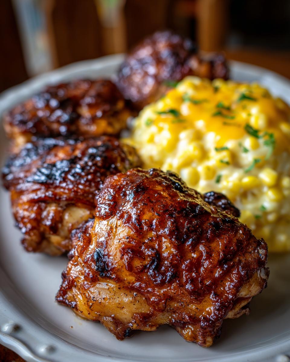 Close-up of juicy, glazed Flavorful Chipotle BBQ Chicken pieces served with creamy, cheesy corn.