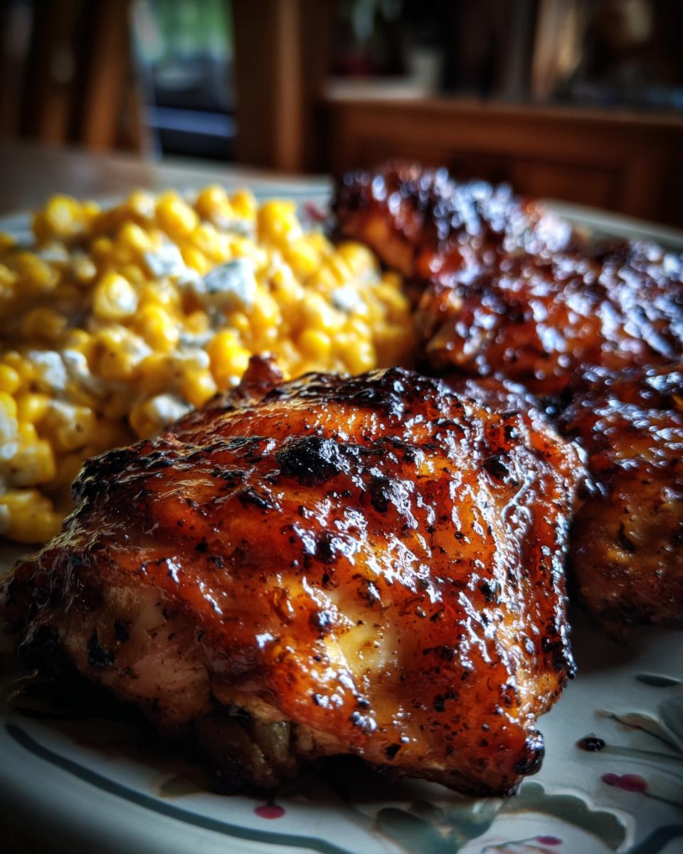 Close-up of juicy, glazed Flavorful Chipotle BBQ Chicken served with creamy corn.