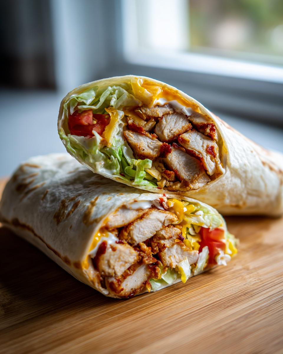 A cross-section of a Flavorful Chipotle Ranch Grilled Chicken Burrito, showing tender chicken, lettuce, tomatoes, and cheese.