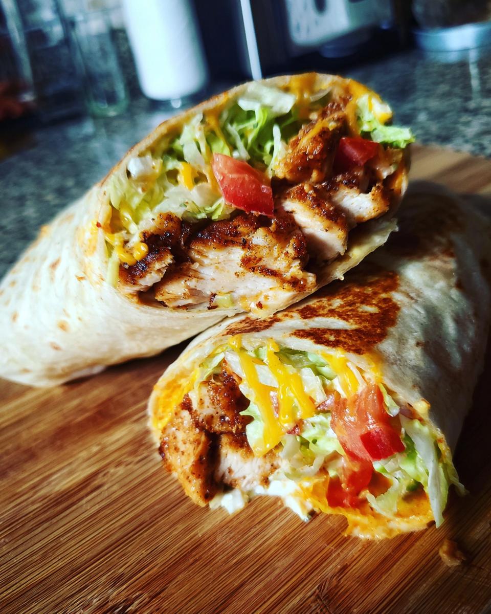 A flavorful chipotle ranch grilled chicken burrito cut in half, revealing seasoned chicken, lettuce, tomato, and cheese.