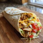 A close-up of a flavorful chipotle ranch grilled chicken burrito filled with chicken, cheese, lettuce, and tomatoes.