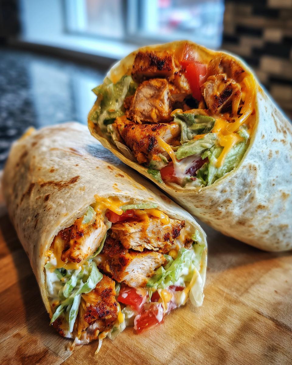 Close-up of a flavorful chipotle ranch grilled chicken burrito cut in half, showing seasoned chicken, lettuce, tomato, and cheese.