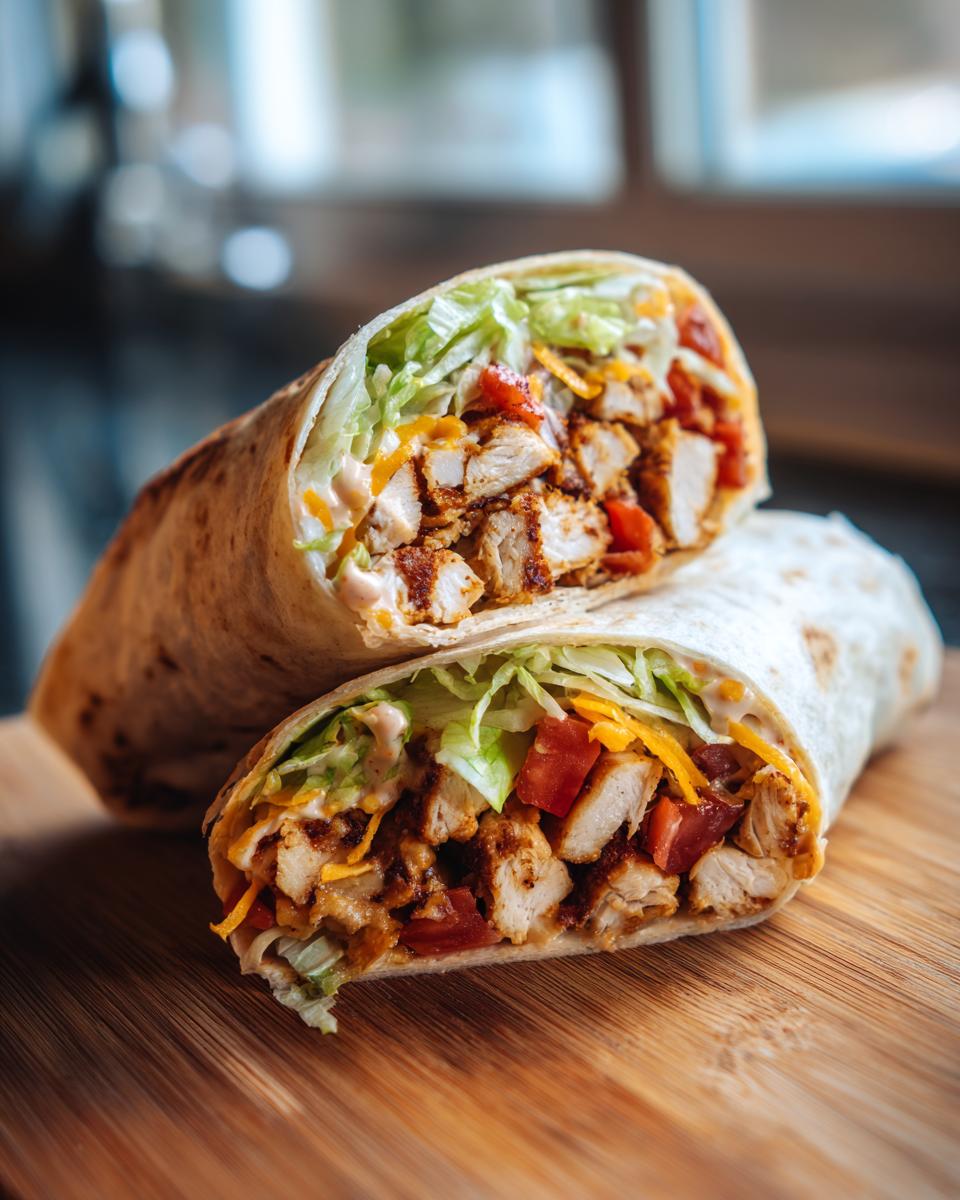 A delicious Flavorful Chipotle Ranch Grilled Chicken Burrito, cut in half, showing seasoned chicken, lettuce, tomatoes, and cheese.
