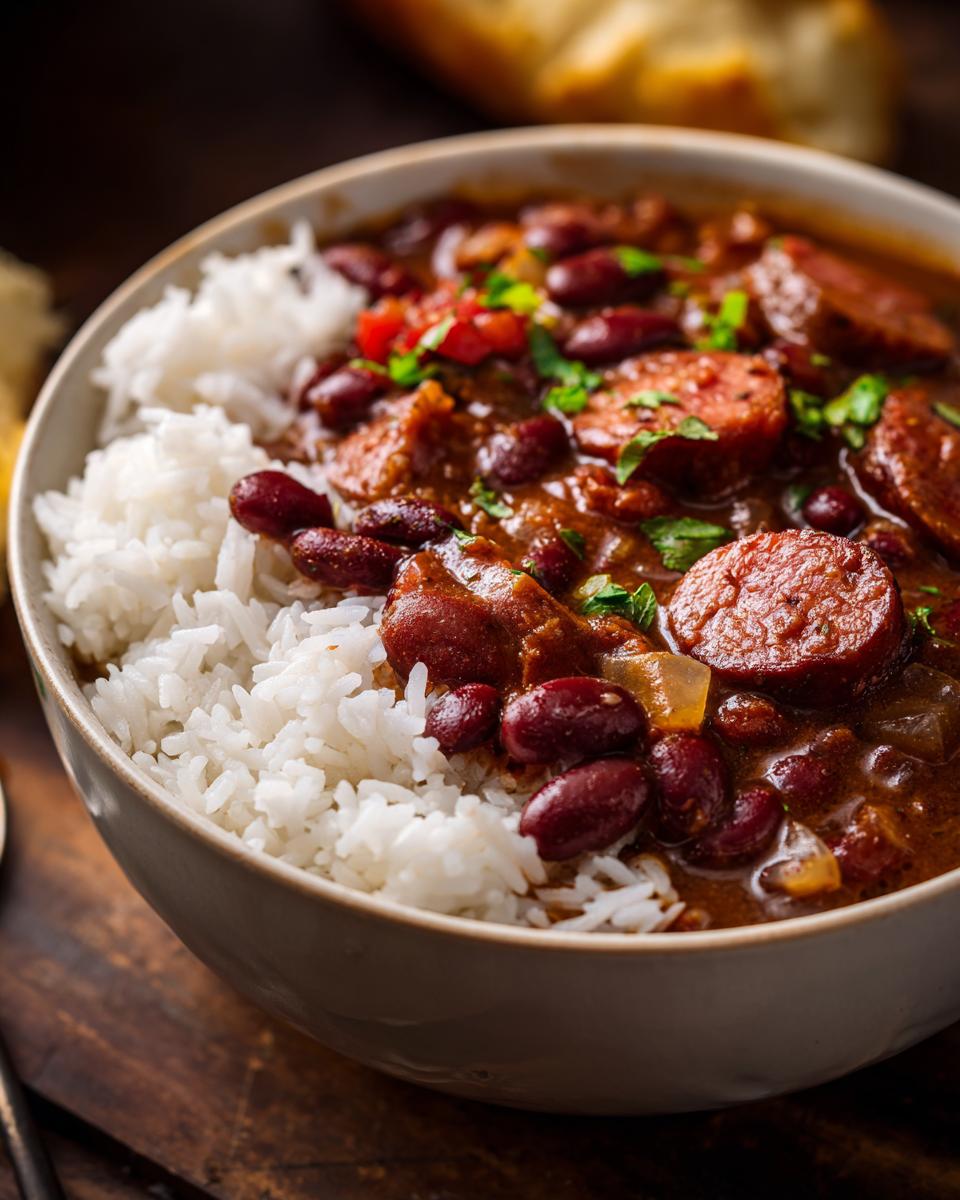A close-up of a bowl of Flavorful Classic Creole Red Beans And Rice, featuring red beans, sausage, and white rice, garnished with parsley.
