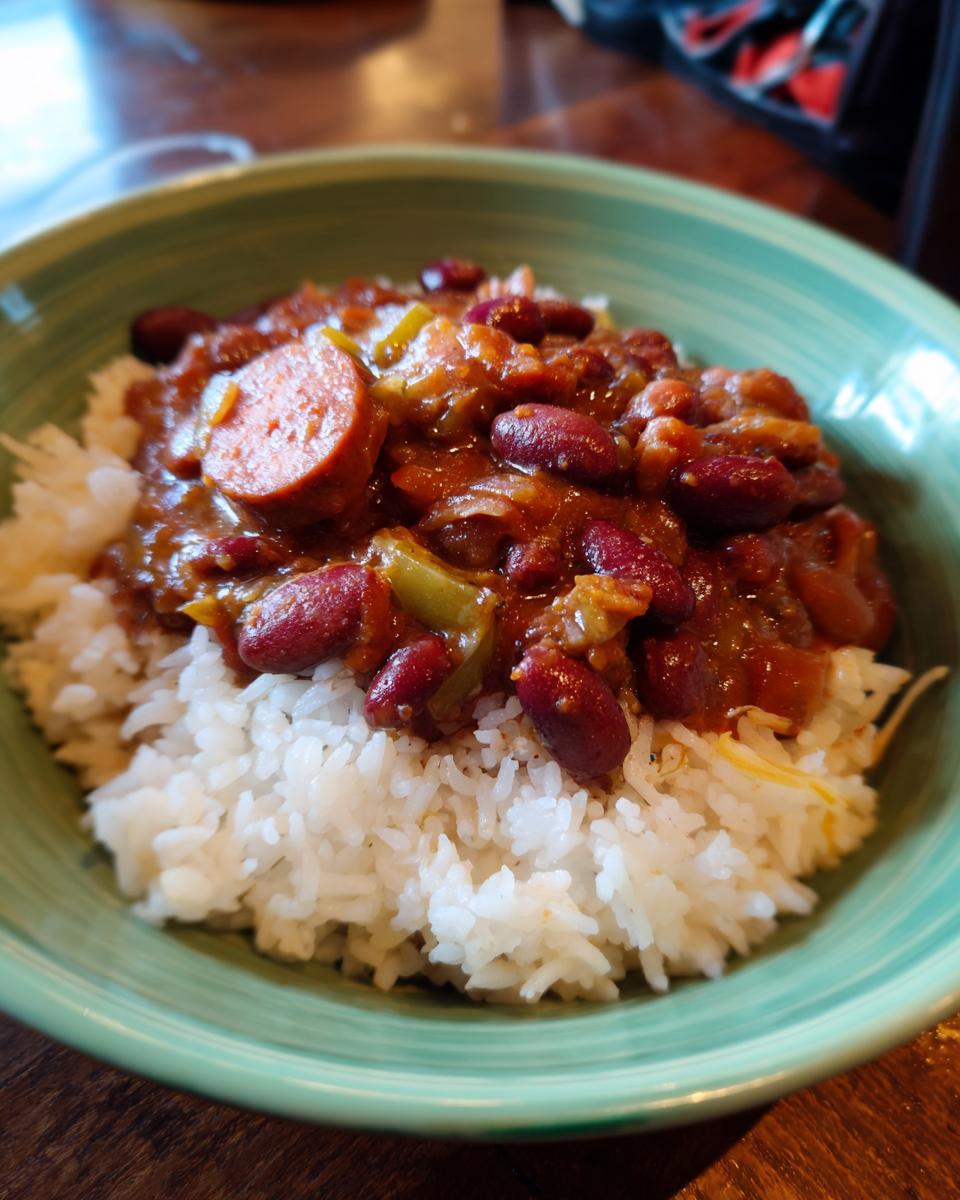 A bowl of Flavorful Classic Creole Red Beans And Rice served over white rice, with a slice of sausage.