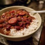 A close-up of a bowl filled with fluffy white rice topped with flavorful classic Creole red beans and rice and sliced sausage.