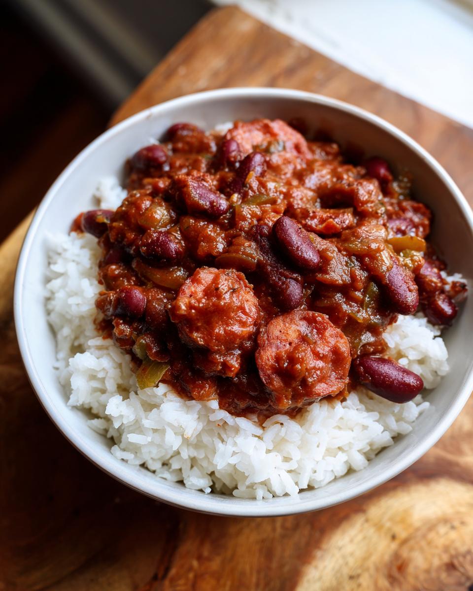A bowl of Flavorful Classic Creole Red Beans and Rice topped with sliced sausage.
