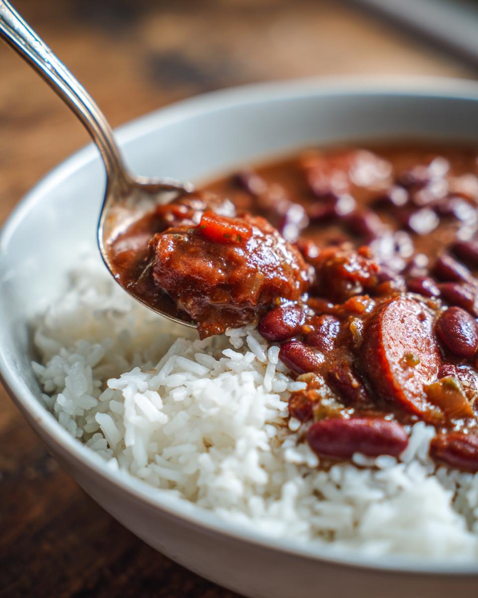 A spoonful of flavorful classic Creole red beans and rice with sausage, served over white rice.