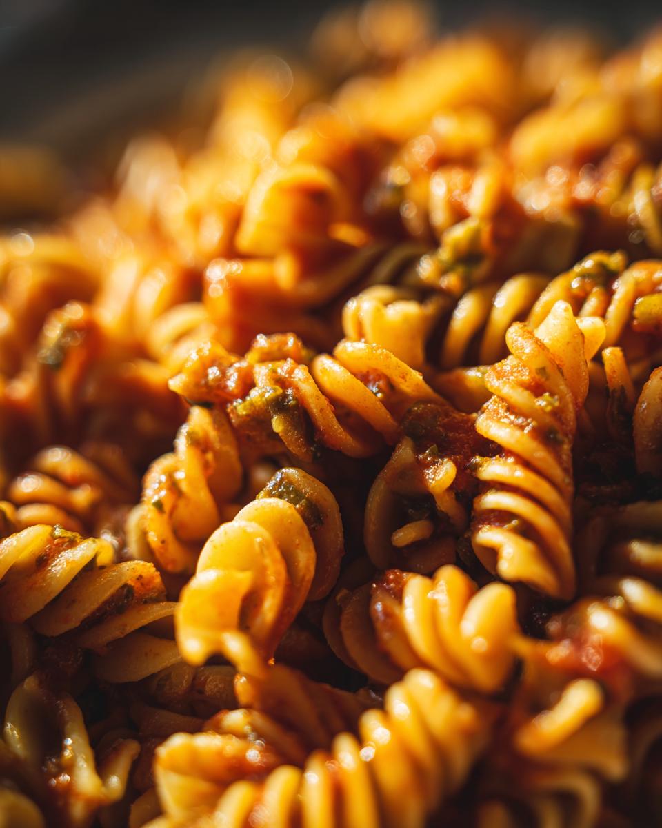 Close-up of fusilli pasta coated in a rich tomato sauce with herbs, part of a flavorful cold pasta salad.