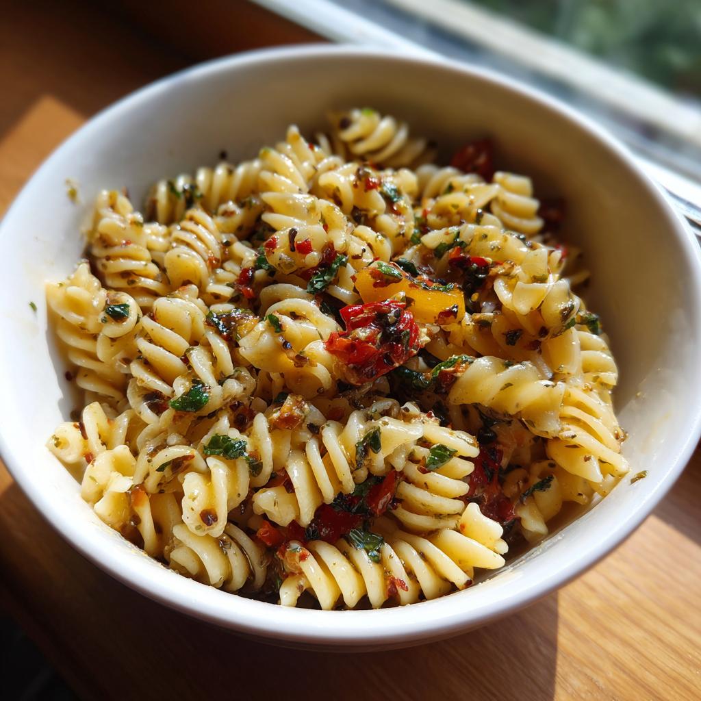 Close-up of a bowl of flavorful cold pasta salad with Italian dressing, featuring fusilli pasta, cherry tomatoes, and fresh basil.
