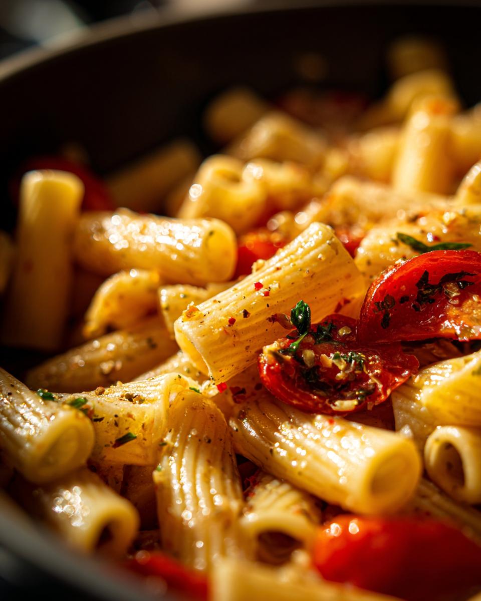 Close-up of a flavorful cold pasta salad with rigatoni pasta, cherry tomatoes, and herbs, tossed in Italian dressing.