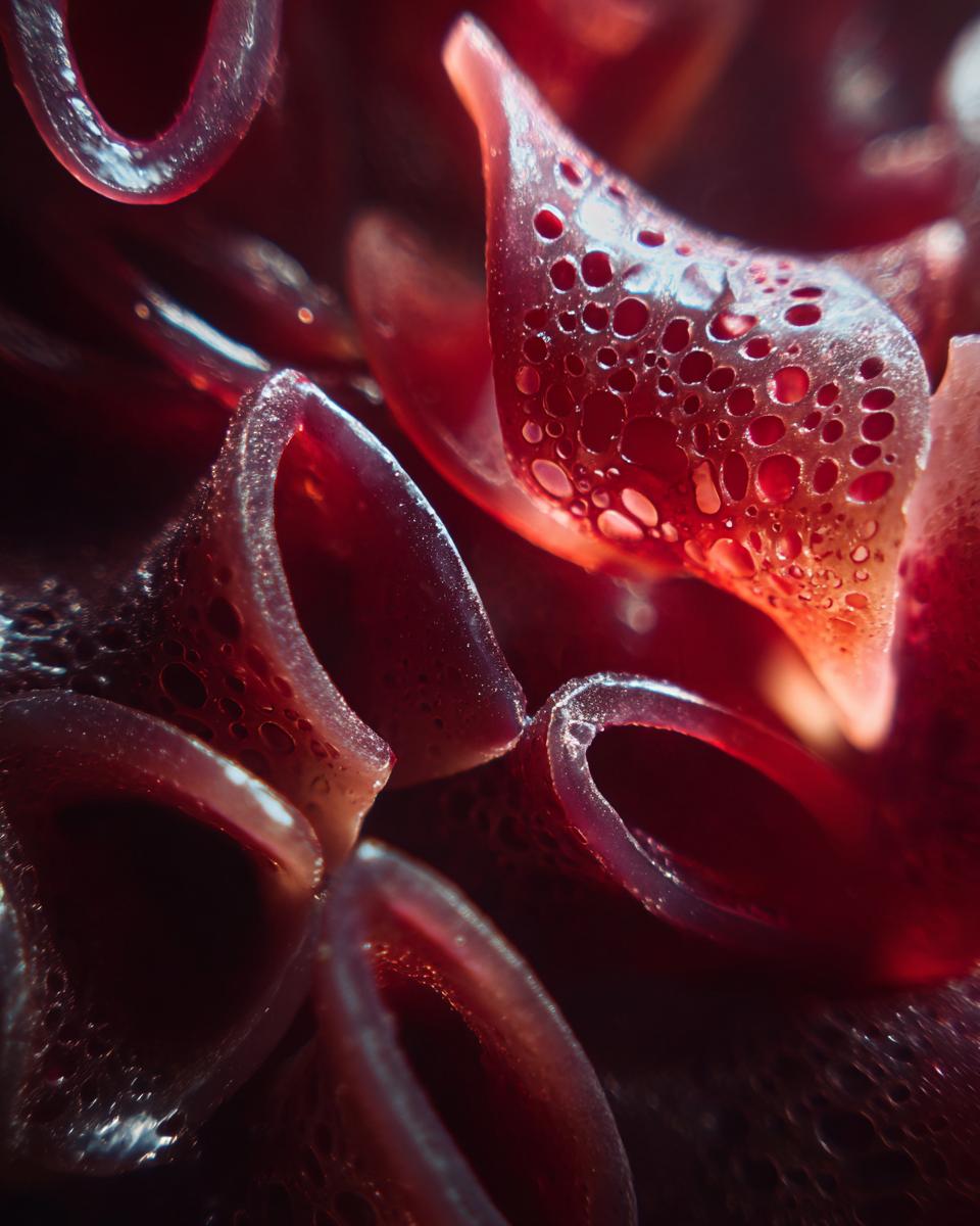 Close-up abstract macro shot of red pasta shapes with small holes, hinting at a Flavorful Cold Pasta Salad With Italian Dressing Recipe.