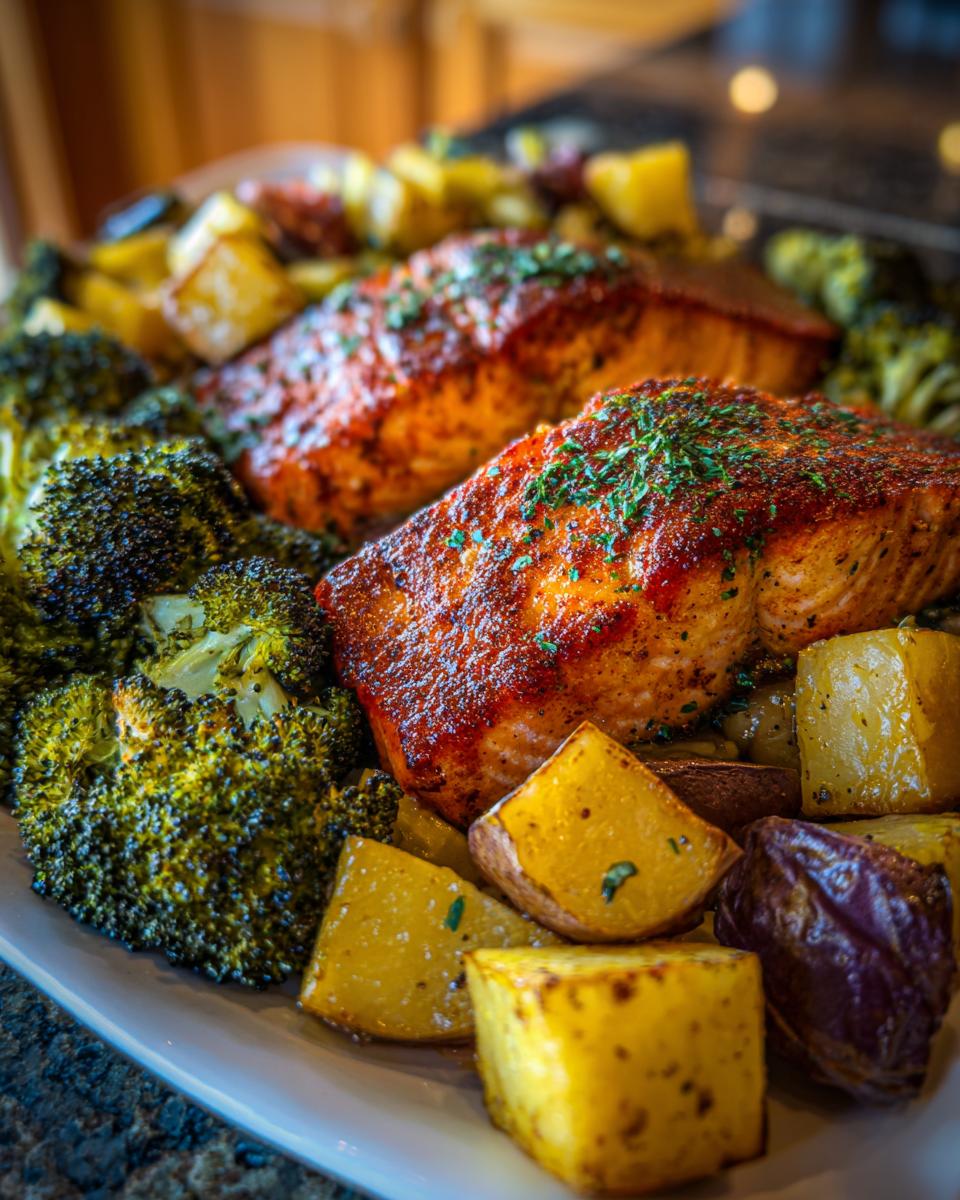 Close-up of flavorful sheetpan salmon and potatoes with veggies, seasoned and garnished with herbs.