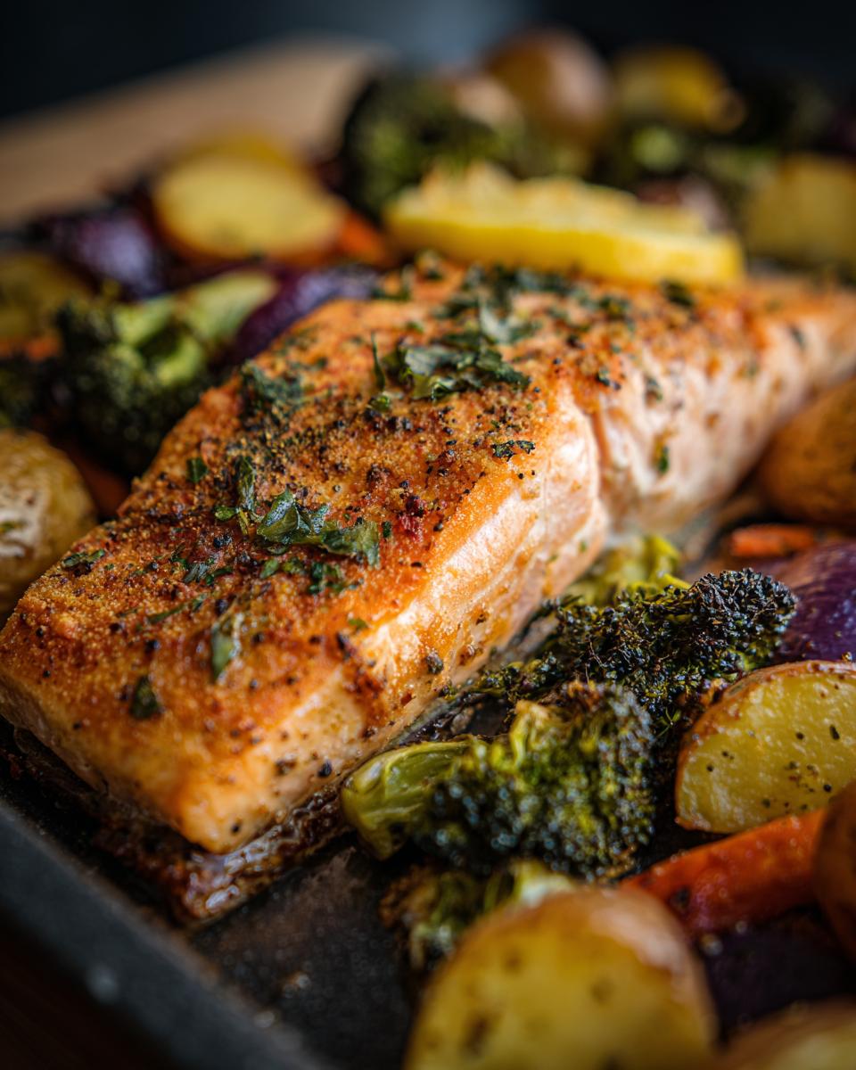 Close-up of a piece of Flavorful Sheetpan Salmon and Potatoes with Veggies, baked to perfection on a sheetpan with broccoli and potatoes.