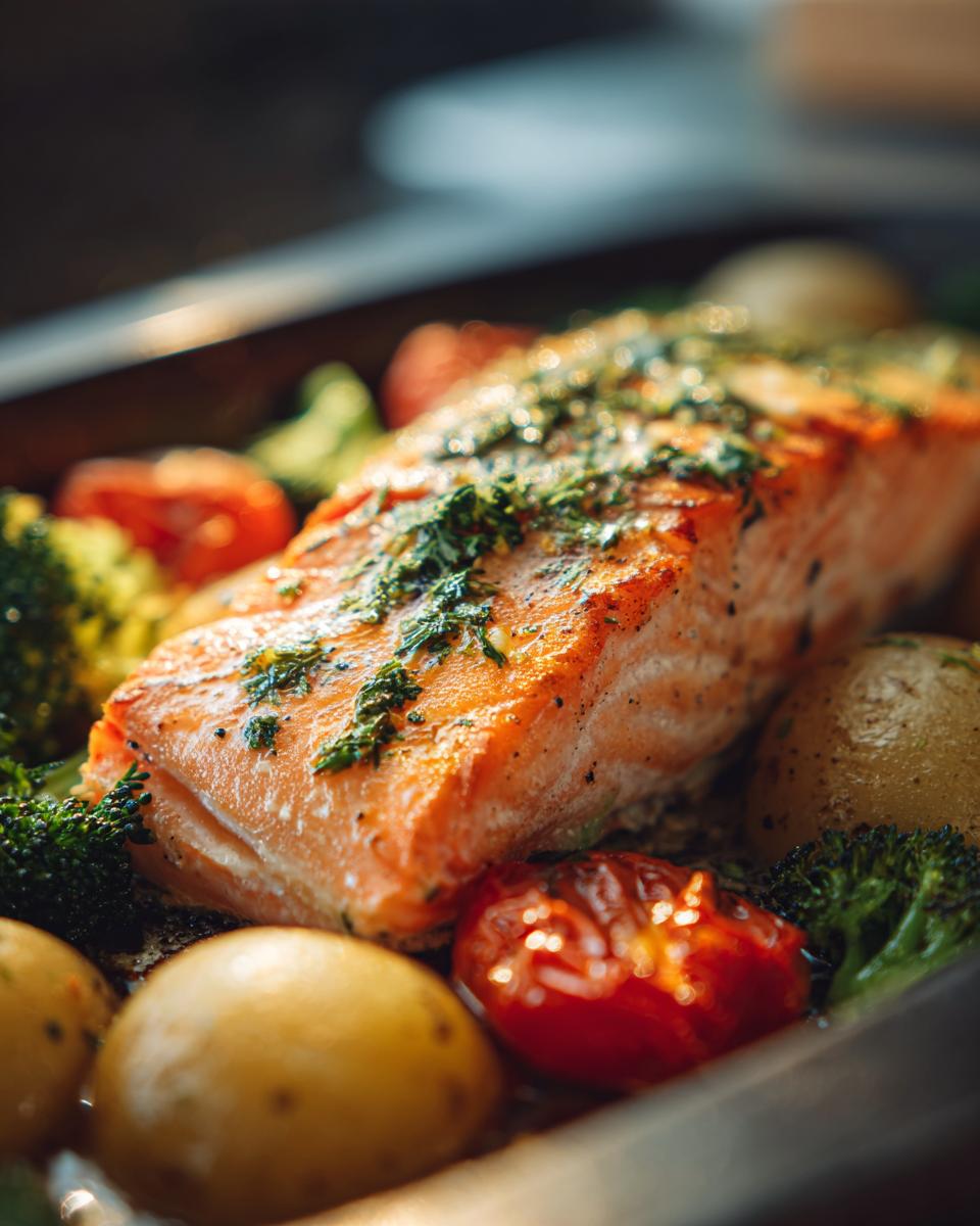 A close-up of a perfectly cooked salmon fillet on a sheetpan with roasted potatoes, broccoli florets, and cherry tomatoes.
