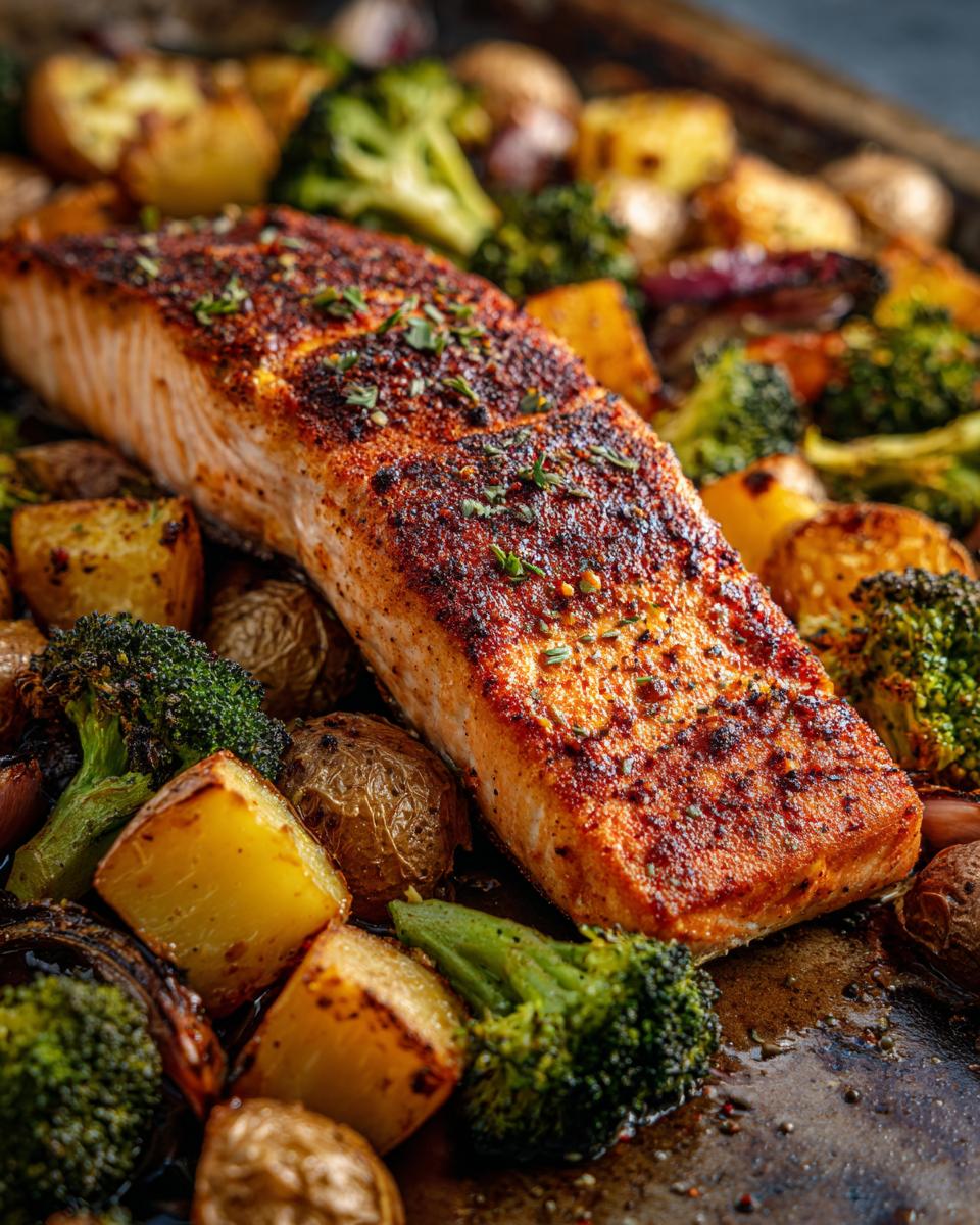 A close-up of a perfectly cooked salmon fillet on a sheetpan, surrounded by roasted potatoes, broccoli florets, and red onion.