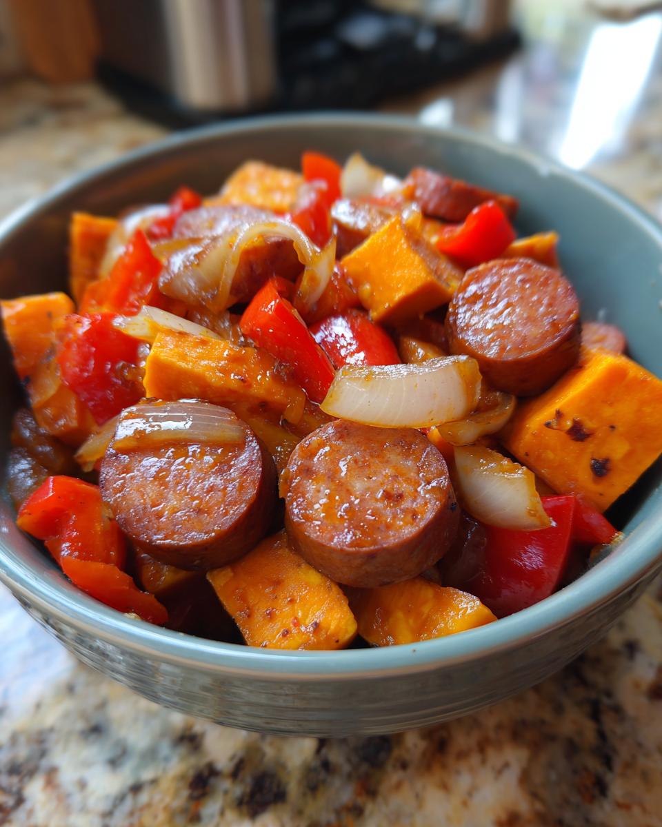 Close-up of a bowl filled with flavorful smoked sausage with sweet potato stir fry, featuring chunks of sweet potato, red bell peppers, onions, and sliced sausage.