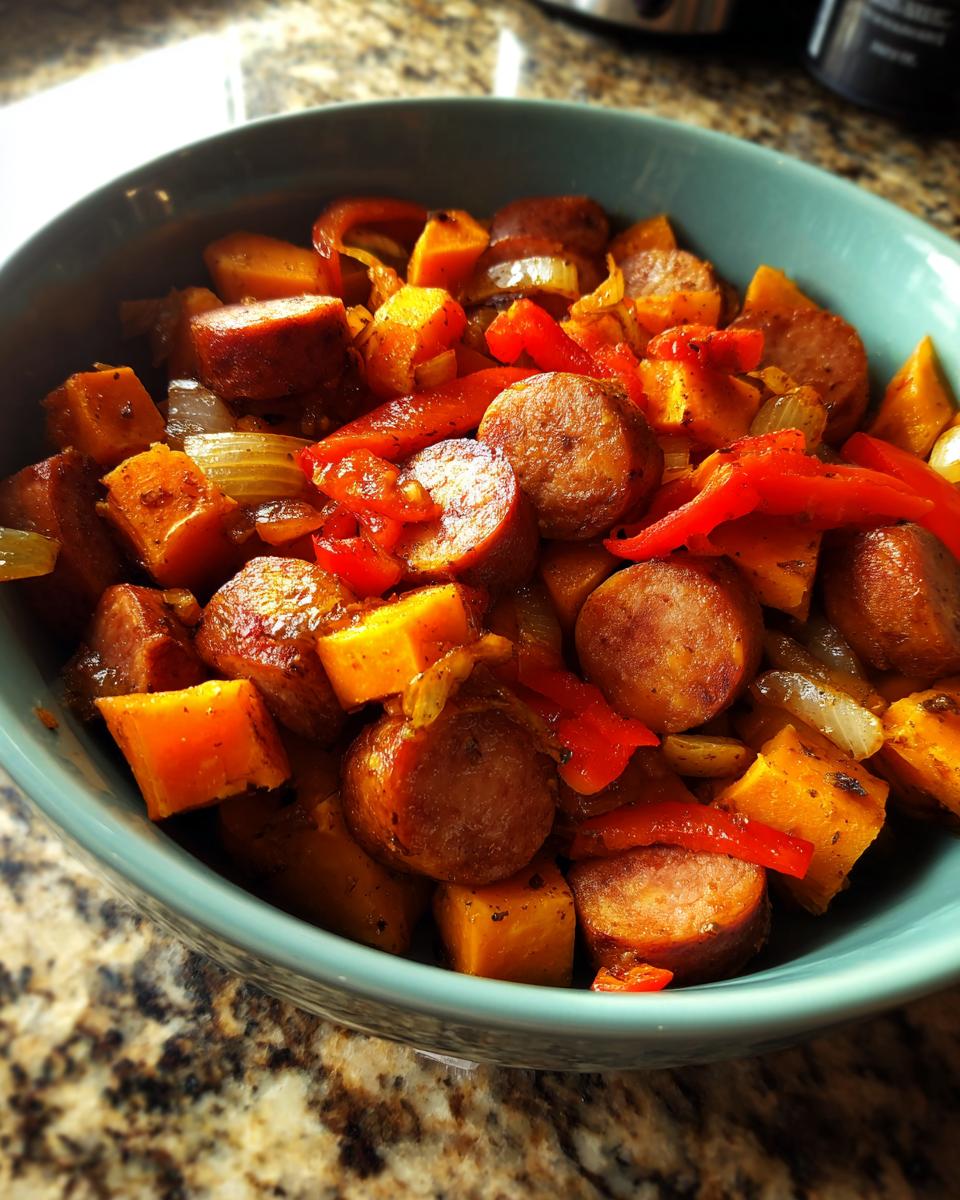 Close-up of a bowl filled with a flavorful smoked sausage and sweet potato stir fry, featuring chunks of sausage, sweet potato, red bell peppers, and onions.
