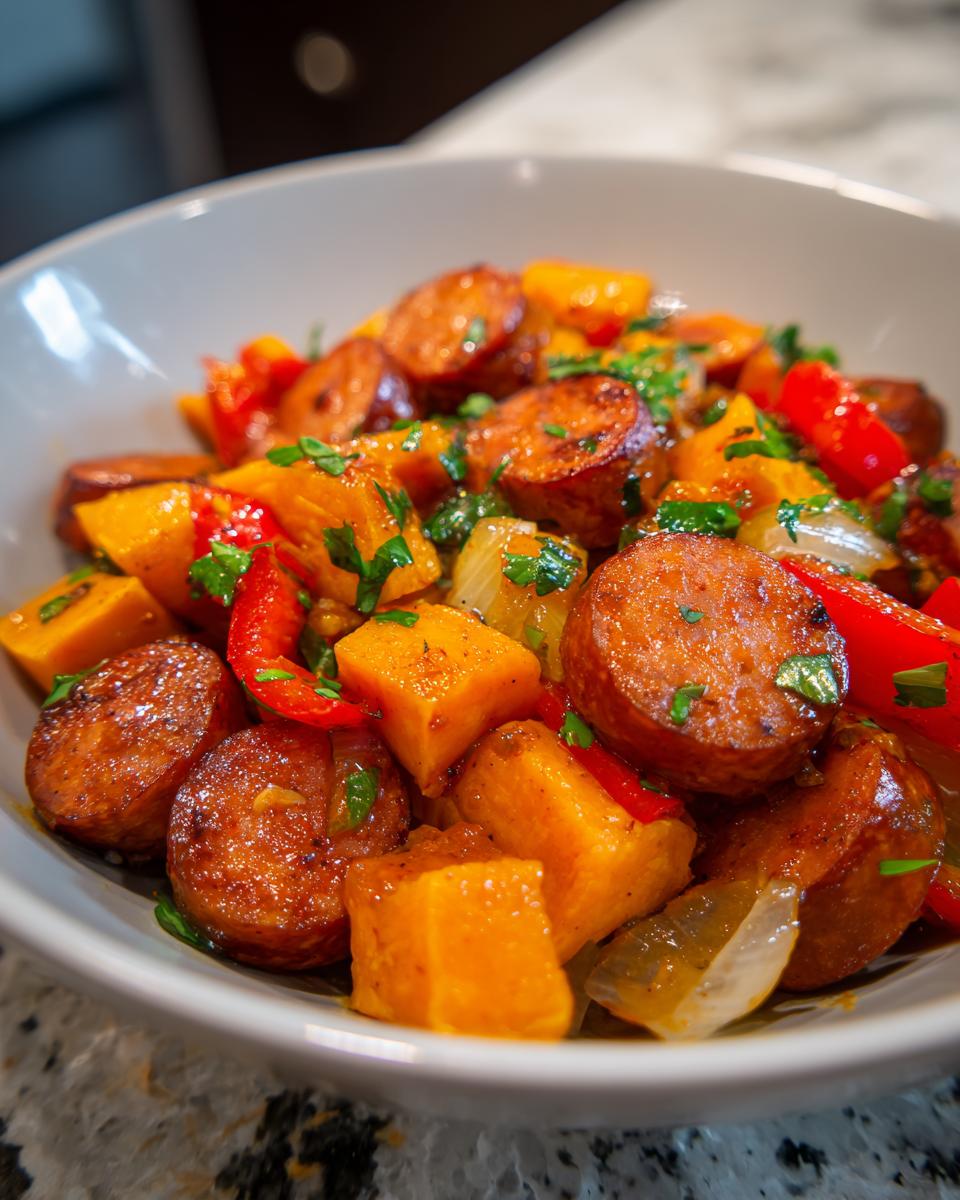 Close-up of a white bowl filled with a flavorful smoked sausage and sweet potato stir fry, featuring sliced sausage, diced sweet potato, red bell peppers, and onions.