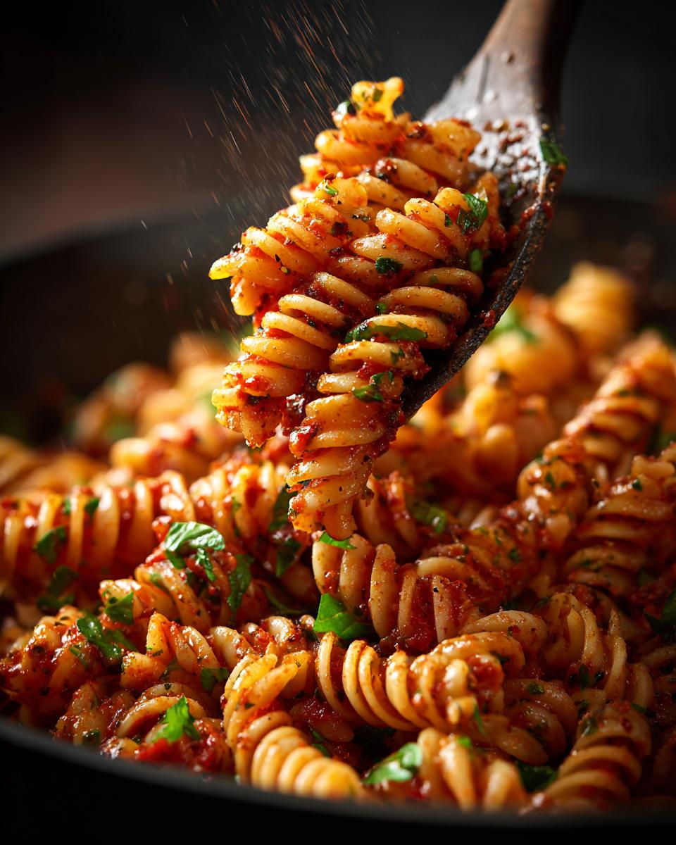 Close-up of fusilli pasta salad with a zesty red sauce and fresh herbs, being scooped with a wooden spoon.