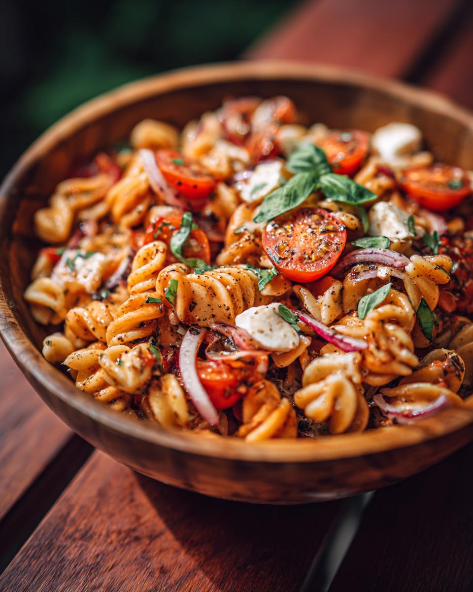A close-up of a wooden bowl filled with Flavorful And Zesty Pasta Salad, featuring fusilli pasta, cherry tomatoes, mozzarella balls, and basil.