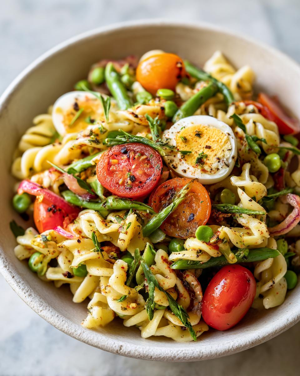 A bowl of Flavorful And Zesty Pasta Salad A Summer Delight, featuring fusilli pasta, halved cherry tomatoes, hard-boiled eggs, and green beans.