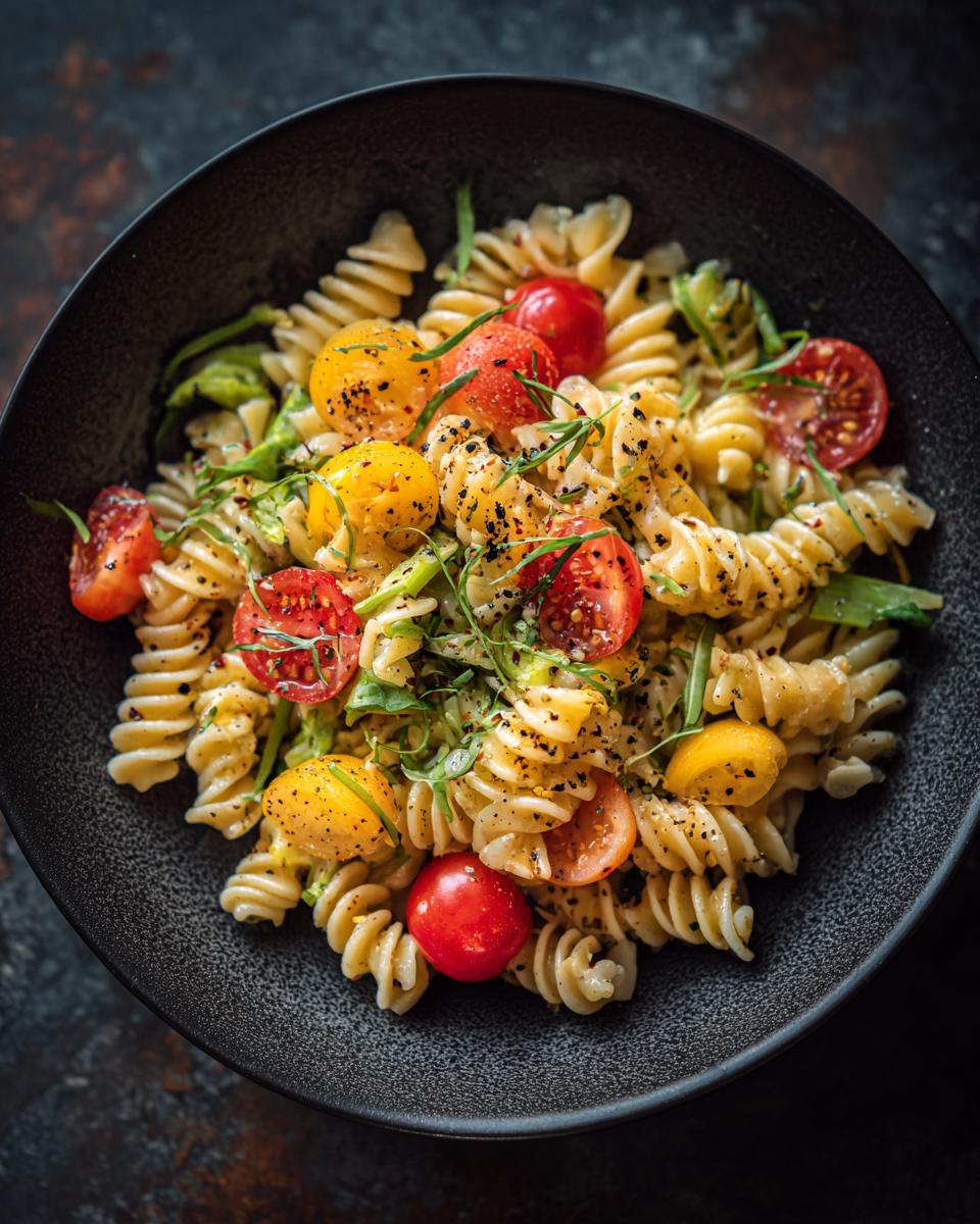 A bowl of Flavorful And Zesty Pasta Salad with rotini pasta, cherry tomatoes, and fresh herbs.