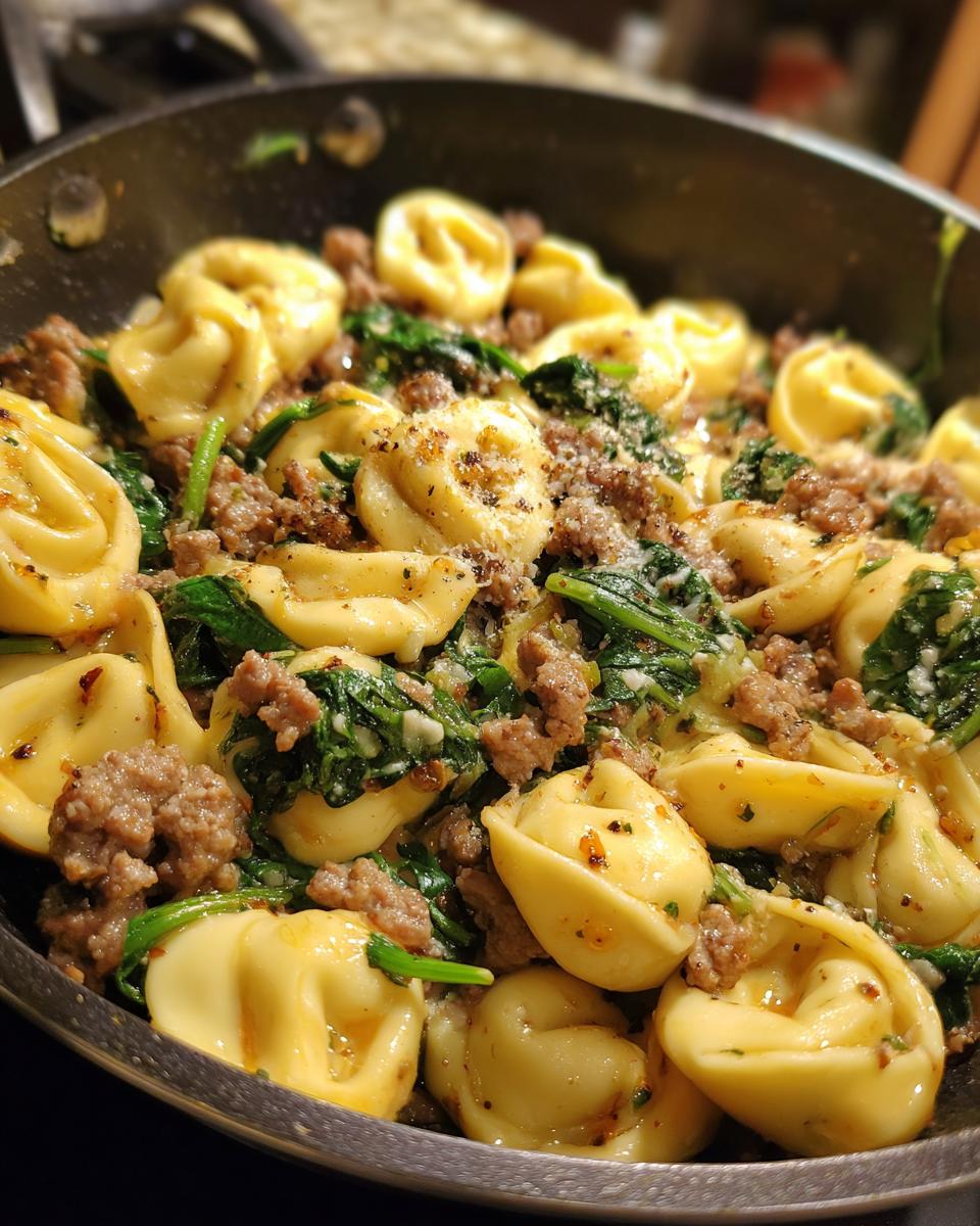 Close-up of Irresistible Garlic Butter Beef and Spinach Tortellini in a skillet, showing pasta, seasoned beef, and wilted spinach.