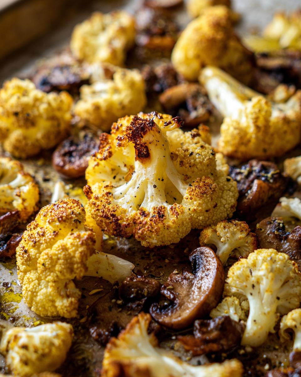 Close-up van gebakken bloemkool met champignons, goudbruin geroosterd op een bakplaat.