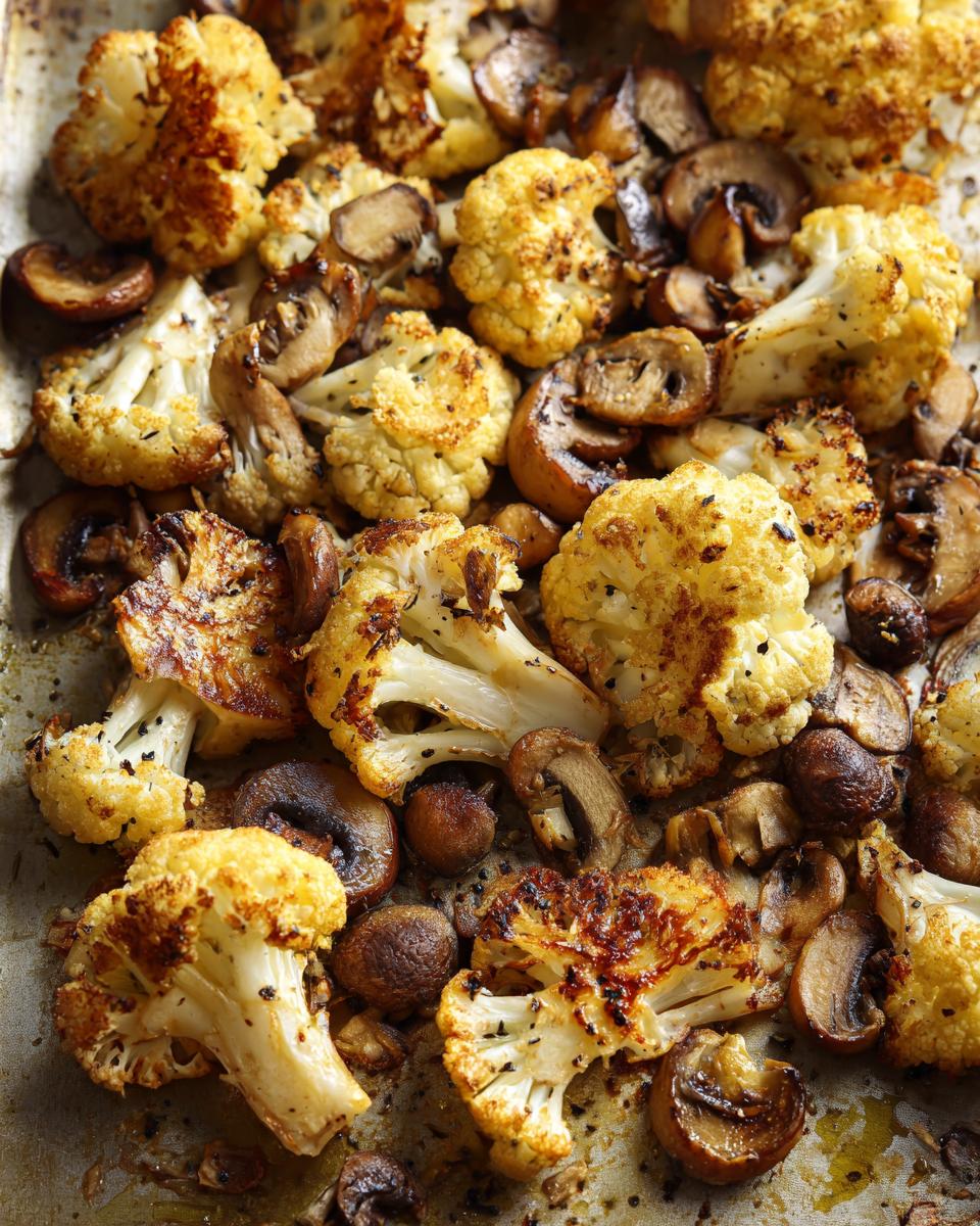 Close-up van gebakken bloemkoolroosjes en champignons op een bakplaat, goudbruin en geroosterd.