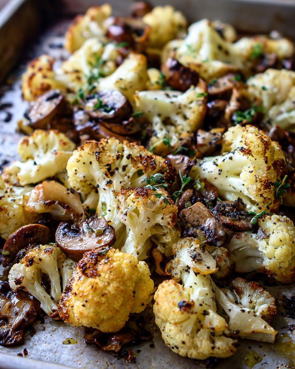 Close-up van heerlijk gebakken bloemkool met champignons, gegarneerd met verse kruiden.