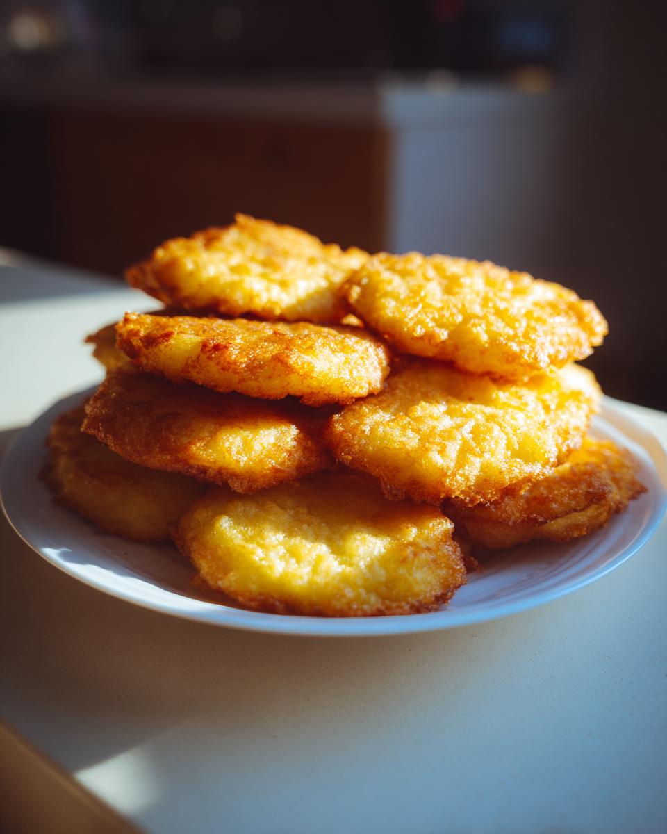 Een stapel goudbruin gebakken maïsbrood op een wit bord, perfect voor een heerlijk ontbijt of bijgerecht.