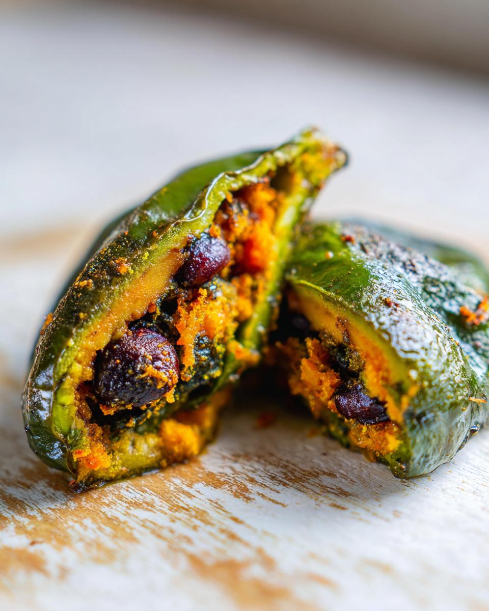 Gevulde Ancho Chiles met Rijpe Plantains, een close-up van een doorgesneden chile gevuld met oranje puree en donkere bonen.