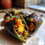 Close-up van gevulde ancho chiles met rijpe plantains, gegarneerd met kruiden.