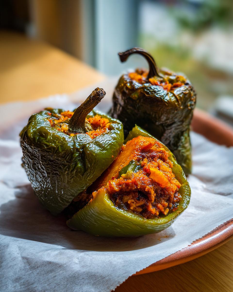 Twee gevulde ancho pepers met rijpe banaan, waarvan één doormidden gesneden is om de vulling te tonen.