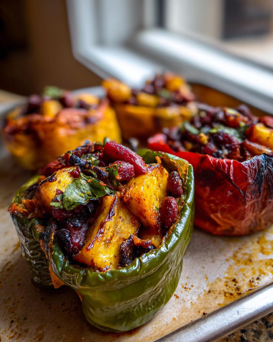 Close-up van gevulde groene en rode pepers met rijpe plantains en bonen, een heerlijk gerecht.