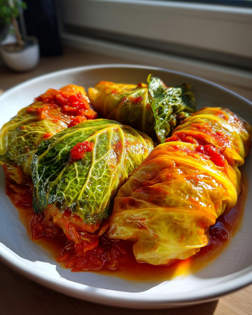Een schaal met vier gevulde koolrolletjes (Stuffed Cabbage Rolls) in een rijke tomatensaus.