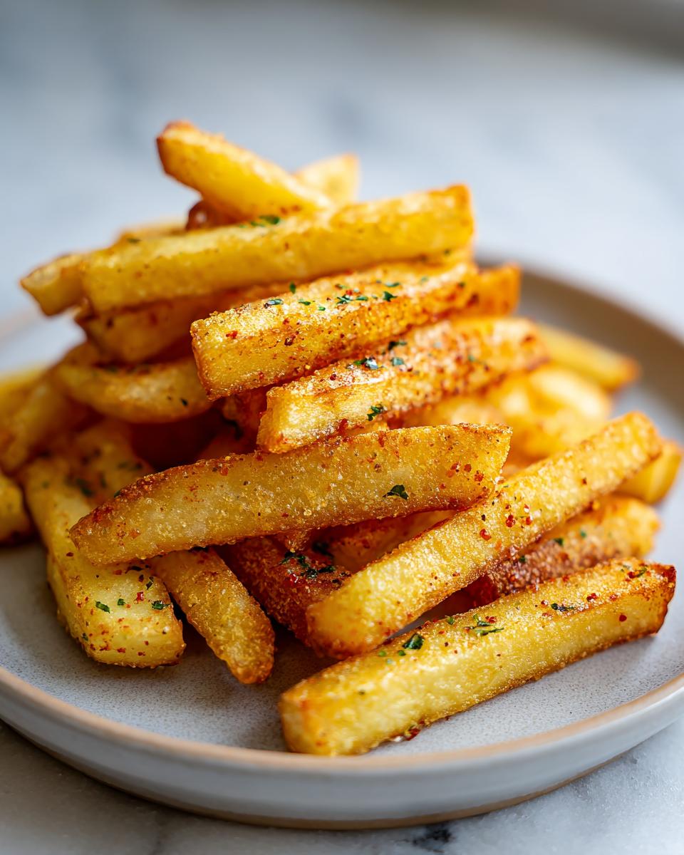 Gezonde Crispy Aardappelsticks op een bord, bestrooid met kruiden.