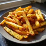 Een close-up van gezonde crispy aardappelsticks, goudbruin gebakken en bestrooid met kruiden.