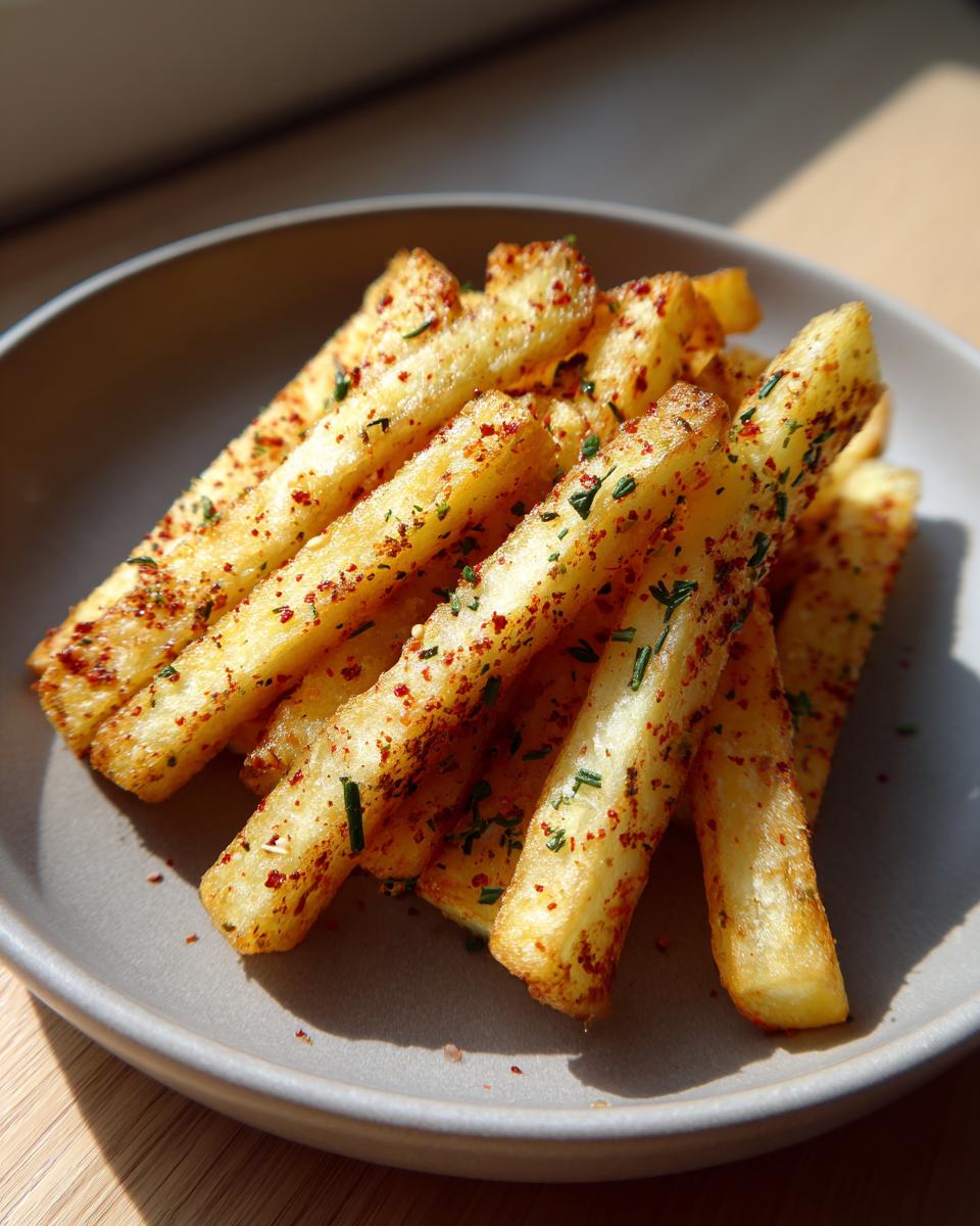Een close-up van gezonde crispy aardappelsticks, bestrooid met kruiden en paprikapoeder, geserveerd in een grijze kom.