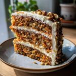 Een dikke plak gezonde worteltaart met romige frosting en walnoten, op een bord.