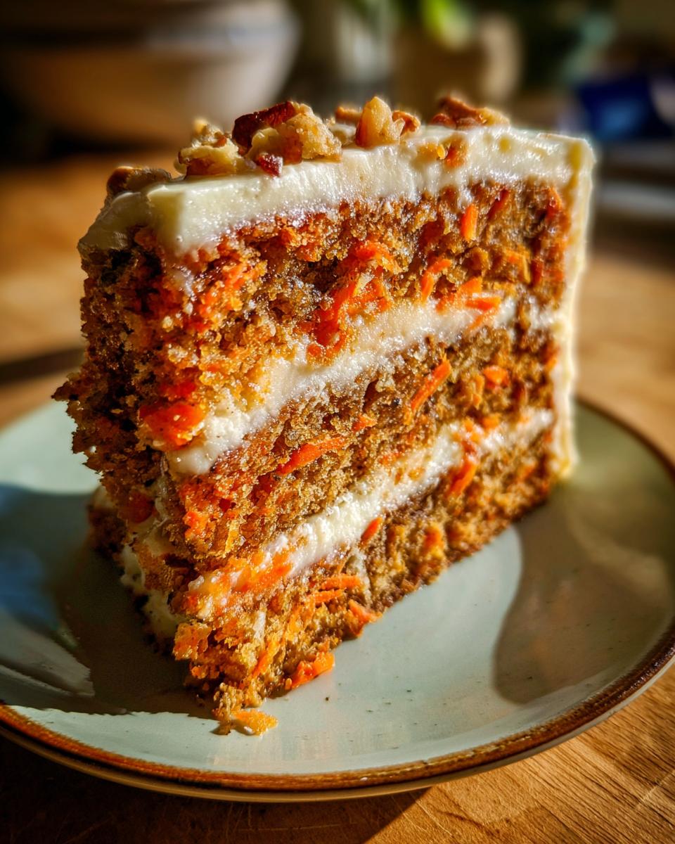 Een dik stuk gezonde worteltaart met meerdere lagen, roomkaasglazuur en walnoten.