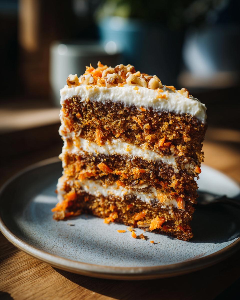 Een dikke plak gezonde worteltaart met roomkaasglazuur en walnoten, op een bord.