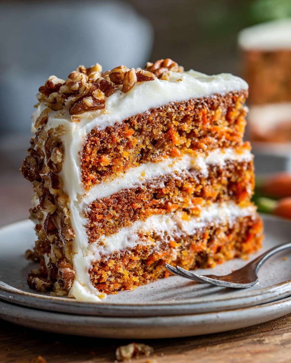 Een heerlijk stuk gezonde worteltaart met roomkaasglazuur en walnoten, op een bord met een vork.